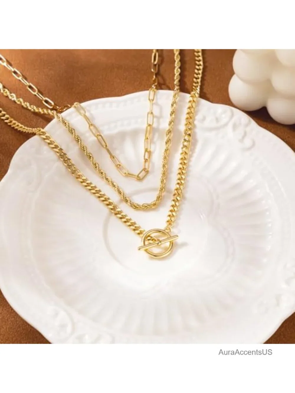 14K Gold Plated Layered Necklace Set - Toggle Clasp Brass Chain